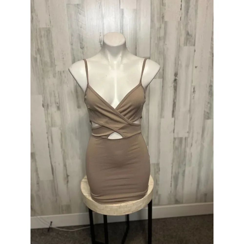 Love Republic Taupe Cutout Bodycon Dress Small Spaghetti Strap Stretch Mini